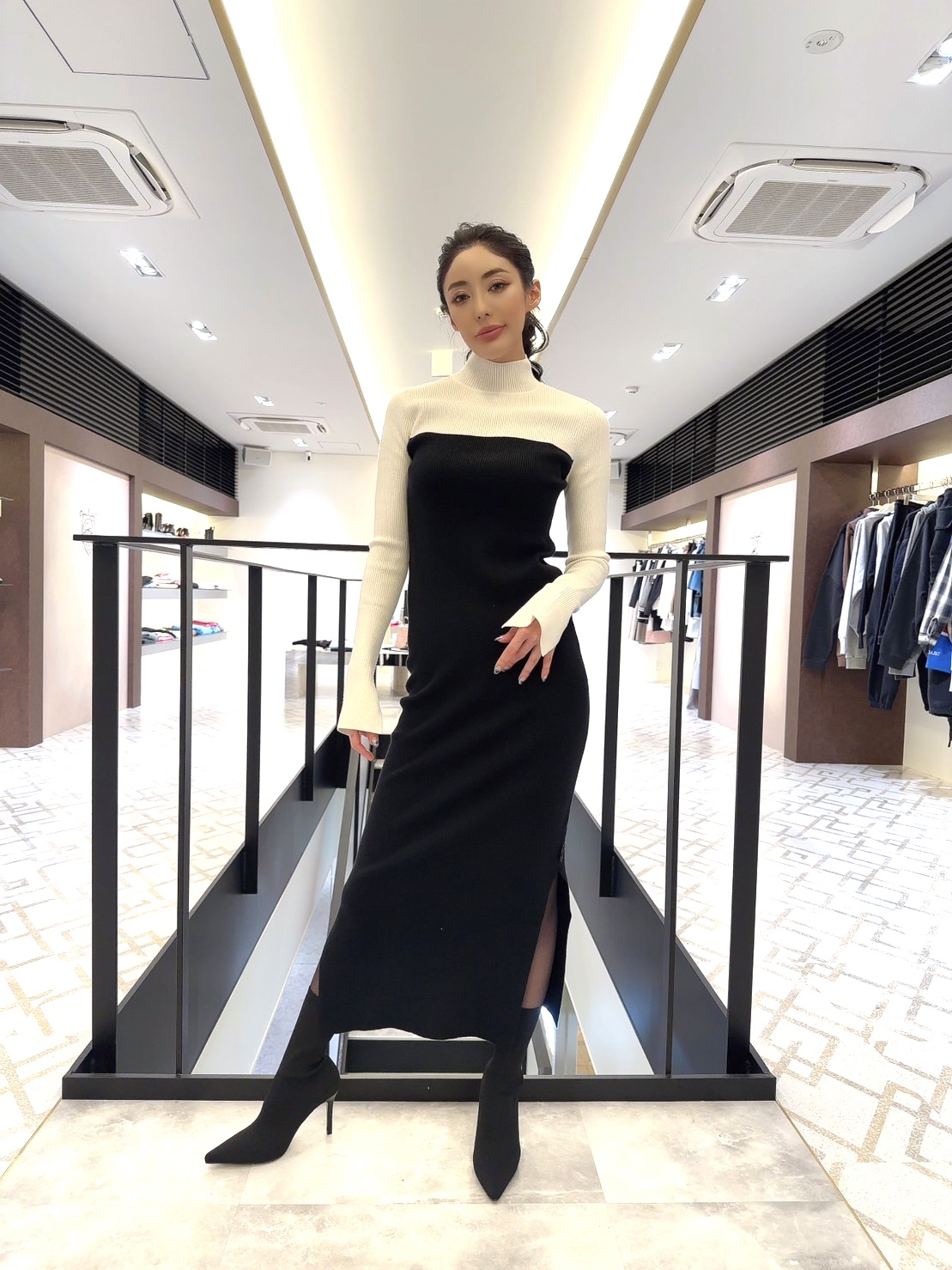 【MIRROR9】Two tone rib onepiece